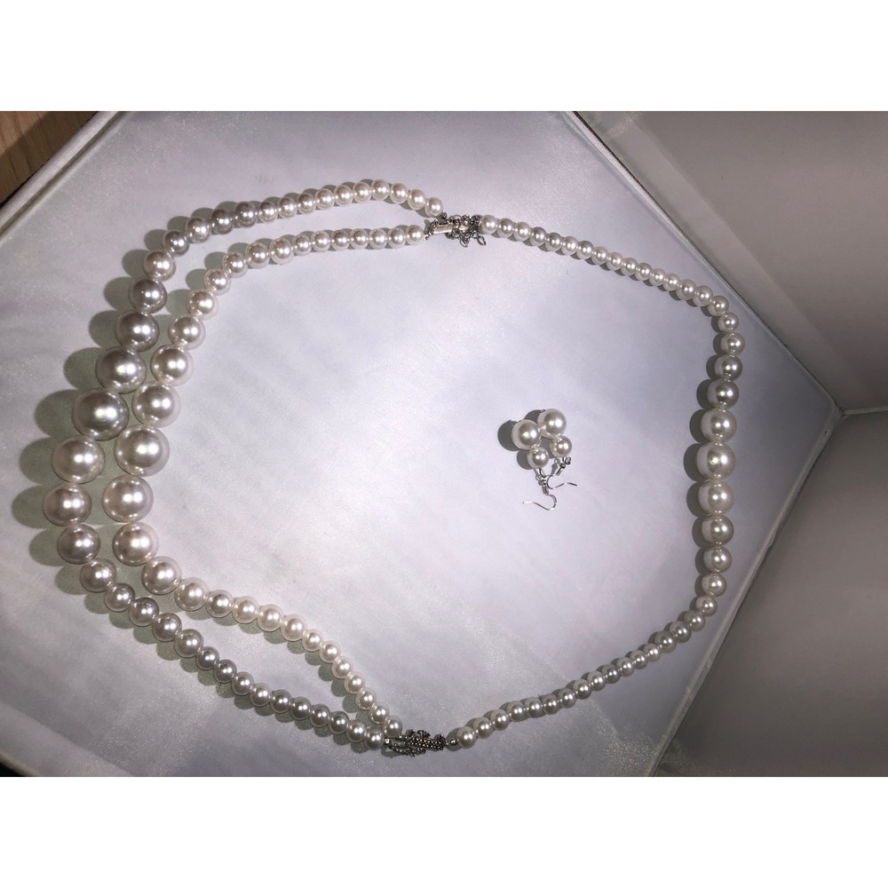 White Faux Pearl Graduated Double Strand Necklace and Drop Earring Set